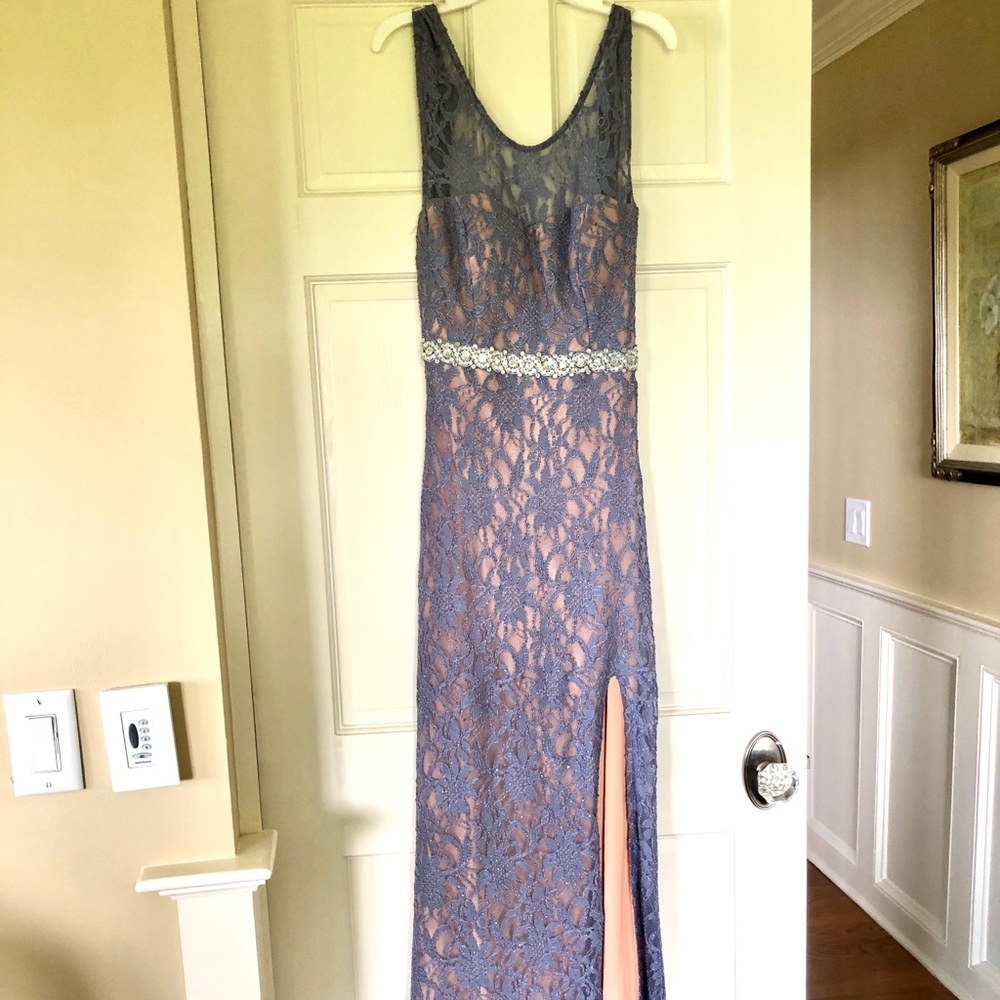 Lilac lace long gown with slit on one leg